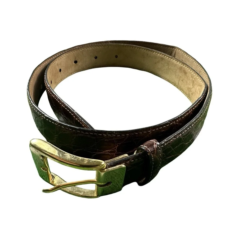 Bespoke Brown Genuine Caiman Crocodile Mens Brass Buckle Belt Size 32 NWOT